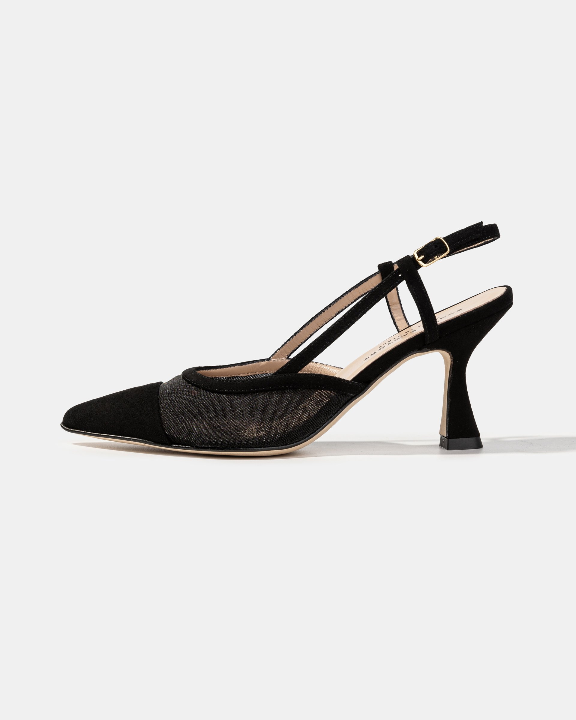 Черные туфли на каблуке с текстильными вставками - Main image